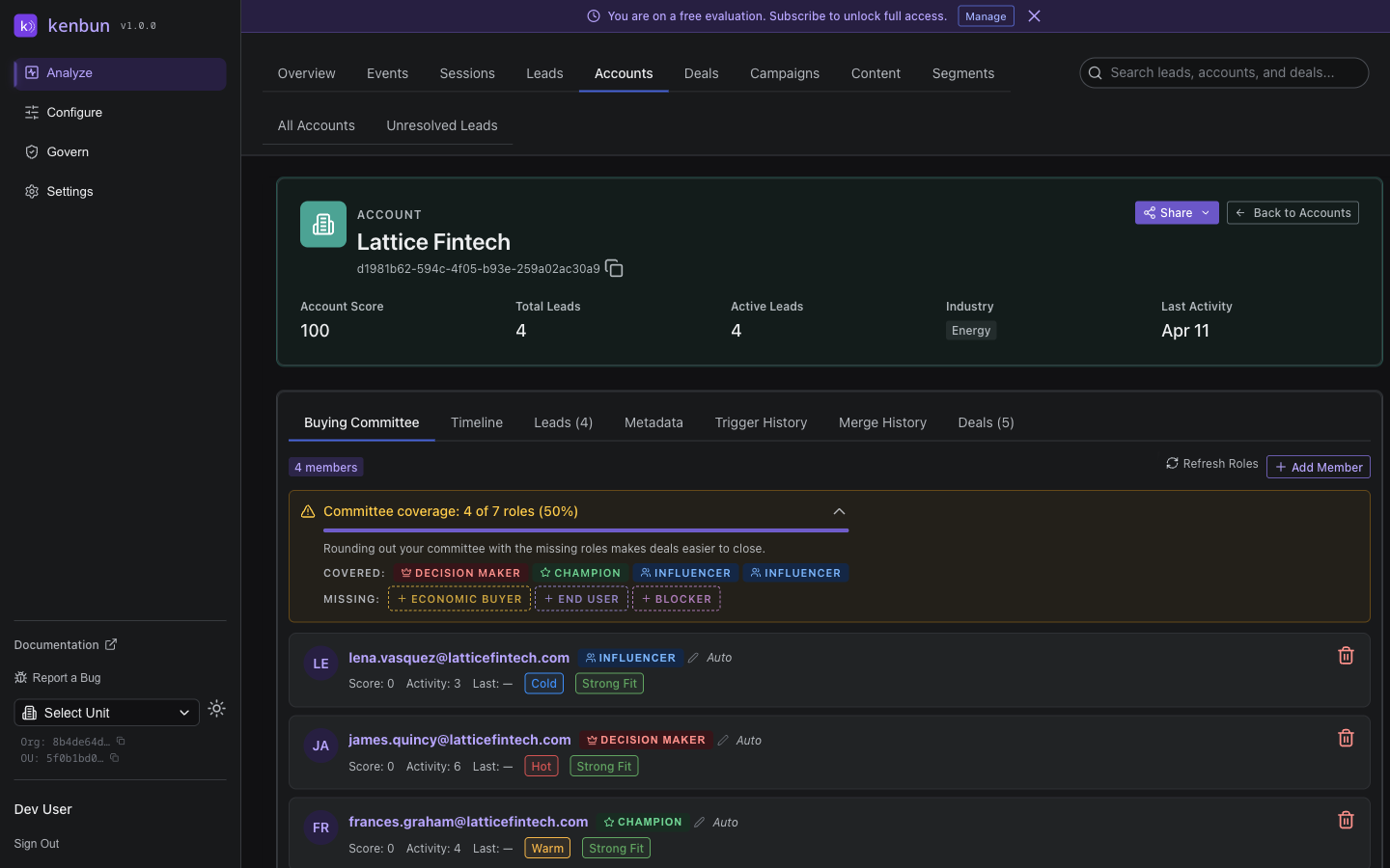 Account detail page for Lattice Fintech showing account score of 100, total leads of 4, active leads of 4, industry "Energy", and last activity at the top, with the Buying Committee tab selected and a coverage panel showing 4 of 7 roles (50%) along with member rows below