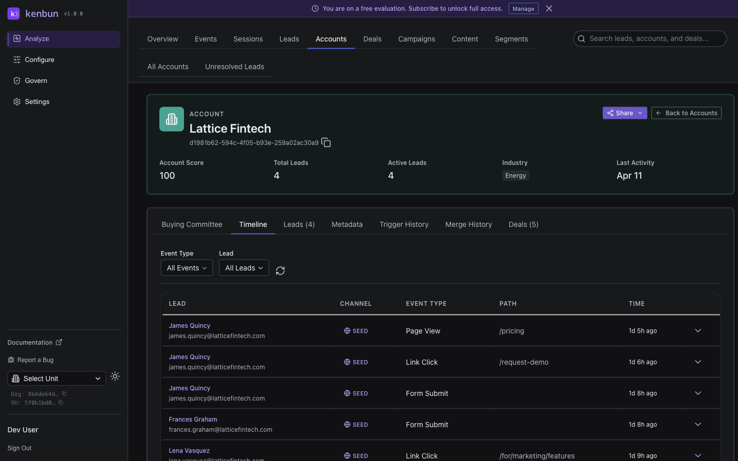 Account engagement timeline showing recent events across all contacts