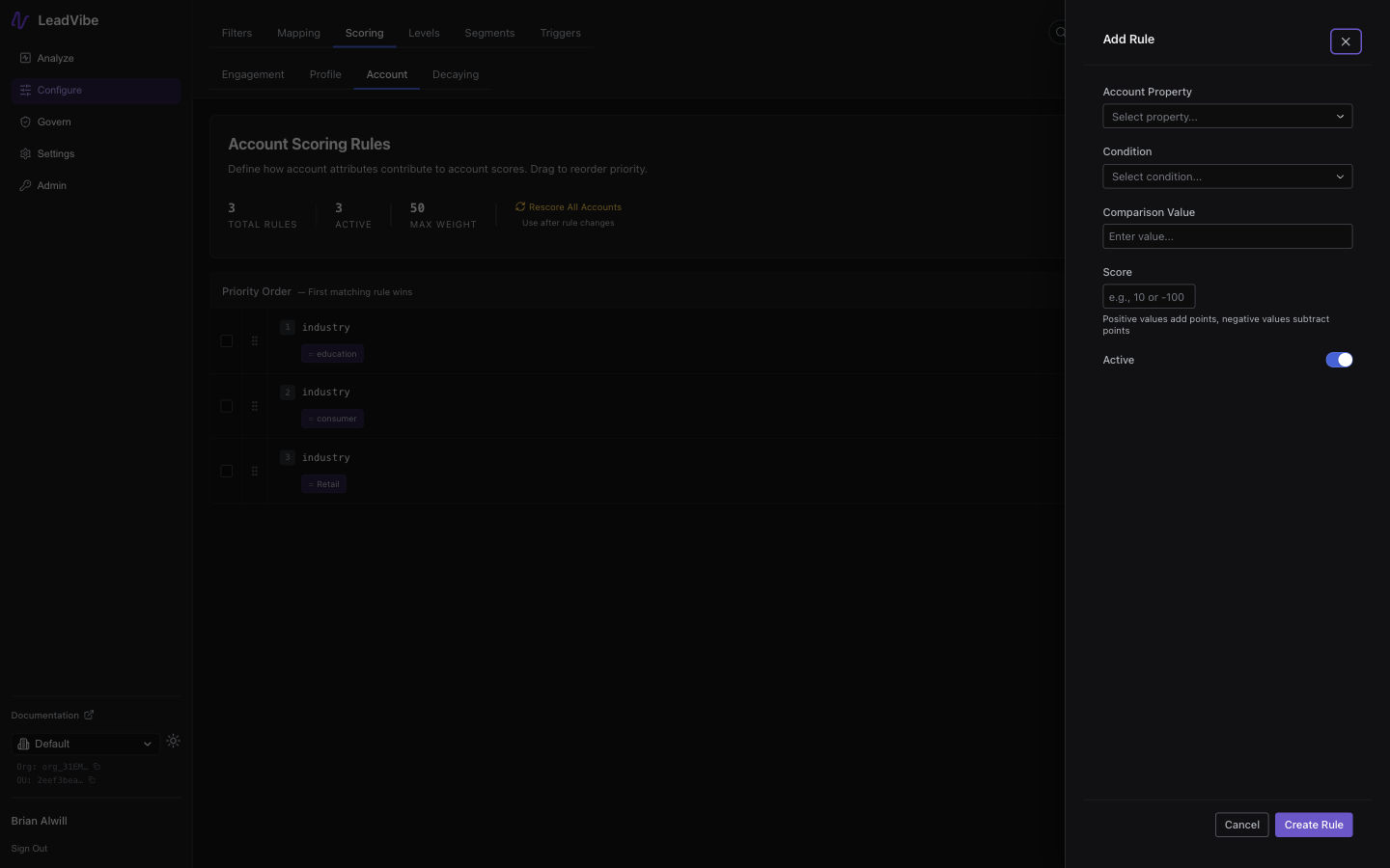 Account scoring rule creation form