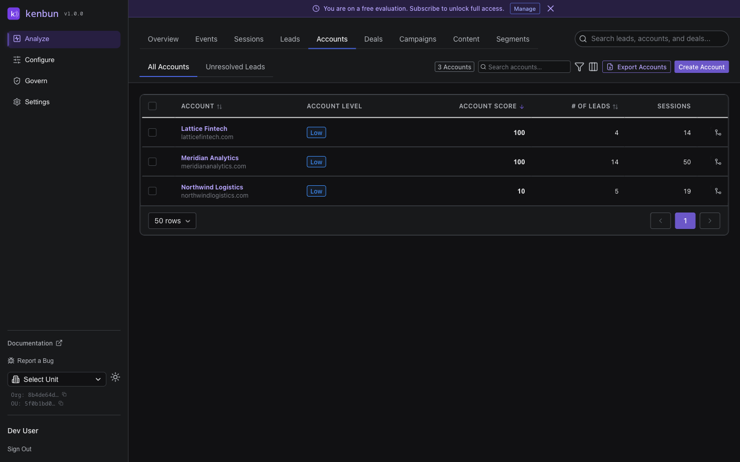 Accounts list page showing the All Accounts and Unresolved Leads sub-tabs and an accounts table with rows for Lattice Fintech, Meridian Analytics, and Northwind Logistics, with columns for account name with domain, account level badges, account score, number of leads, and sessions
