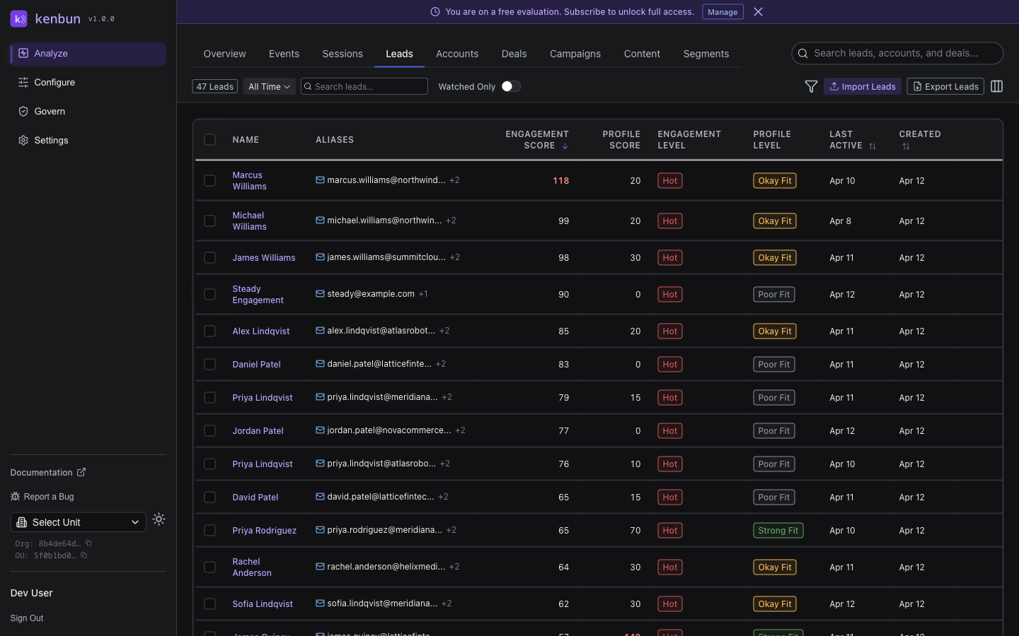 Leads table displaying rows with columns for lead email, engagement score, profile score, engagement level, profile level, and creation date