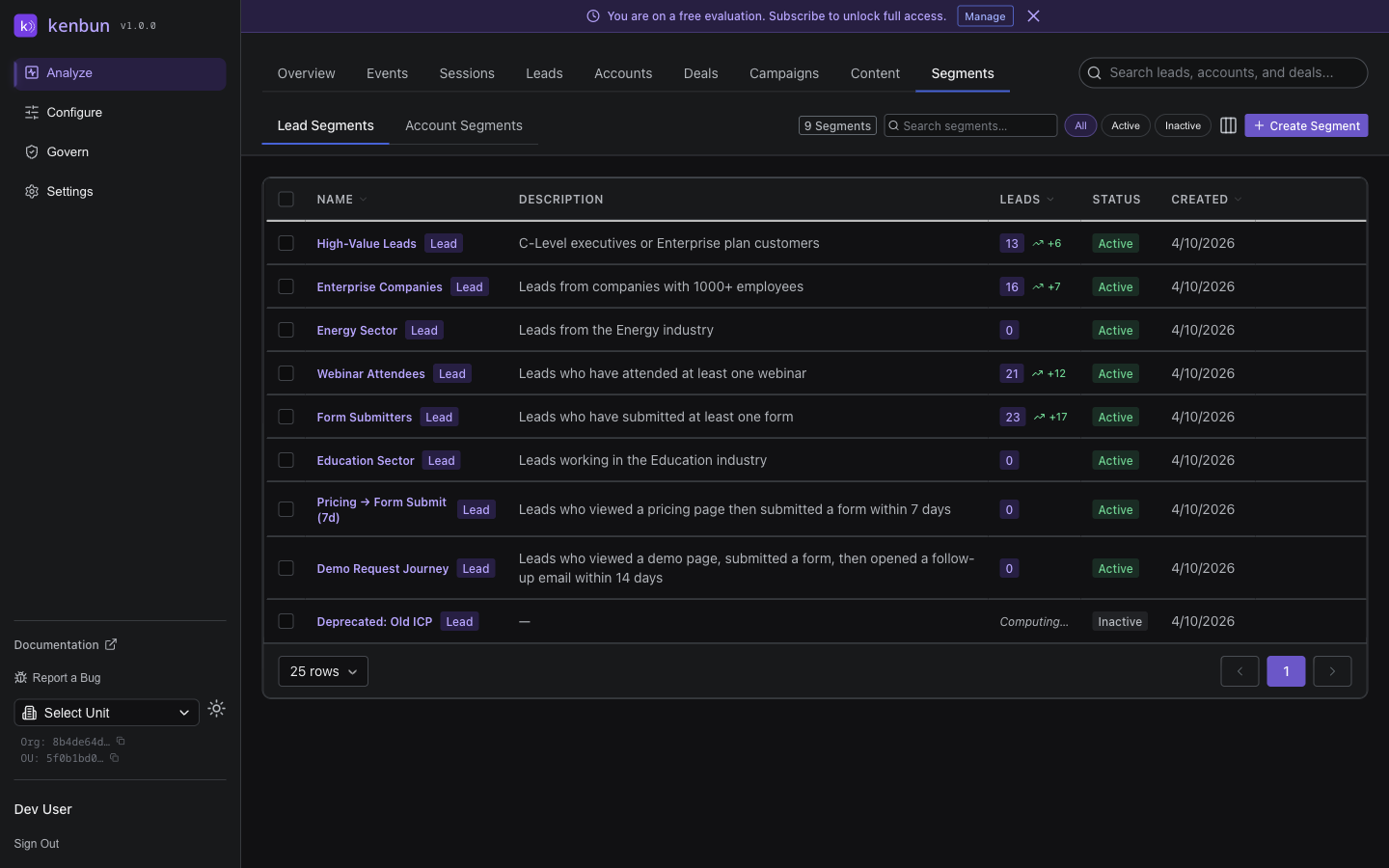 Segments page with the Lead Segments and Account Segments sub-tabs at the top and a table listing segments with columns for NAME, DESCRIPTION, LEADS (showing the current count alongside a delta indicator like "+6" or "+12"), STATUS, and CREATED date
