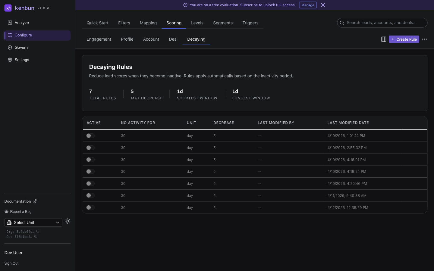 Decay Rules page showing summary stats for total rules, max decrease, shortest and longest window, and a table of decay rules with inactivity period, unit, decrease amount, and last modified