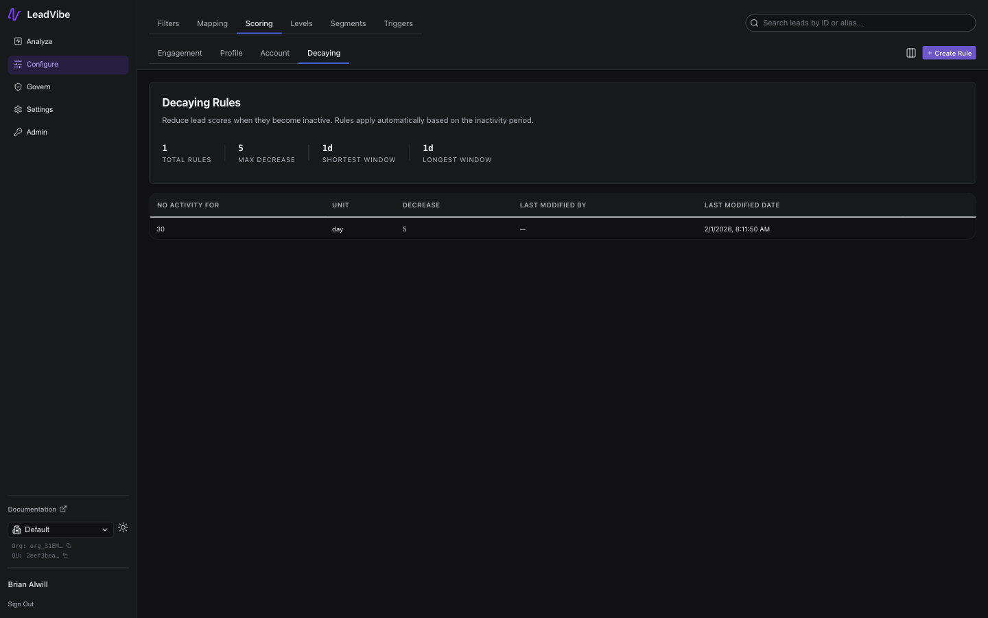 Decay Rules page showing summary stats for total rules, max decrease, shortest and longest window, and a table of decay rules with inactivity period, unit, decrease amount, and last modified