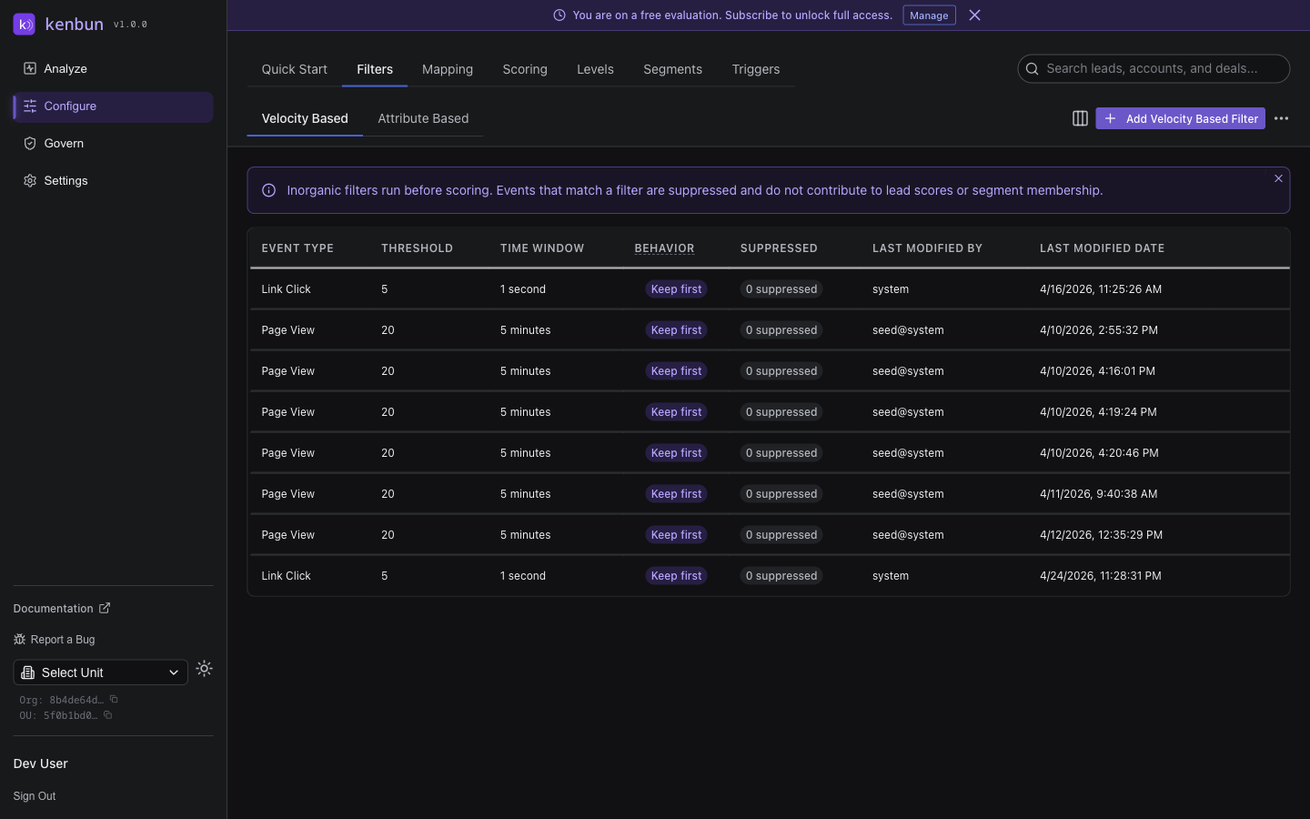 Configure Filters page showing the Velocity Based tab with a filter list displaying event type, threshold, time window with human-readable equivalent, Keep First Suppress Rest toggle, and an Add Inorganic Activity Filter button