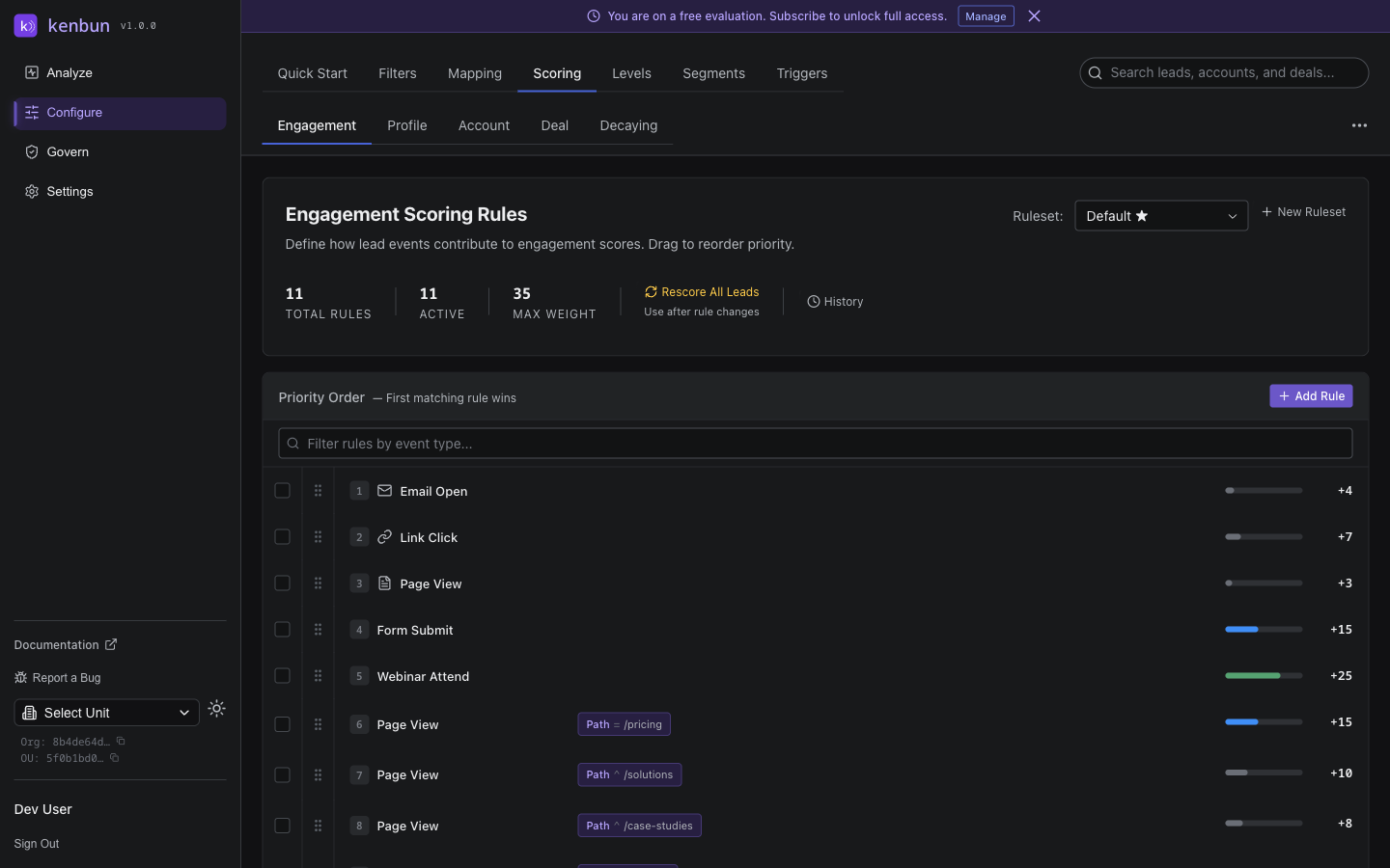 Scoring rules configuration
