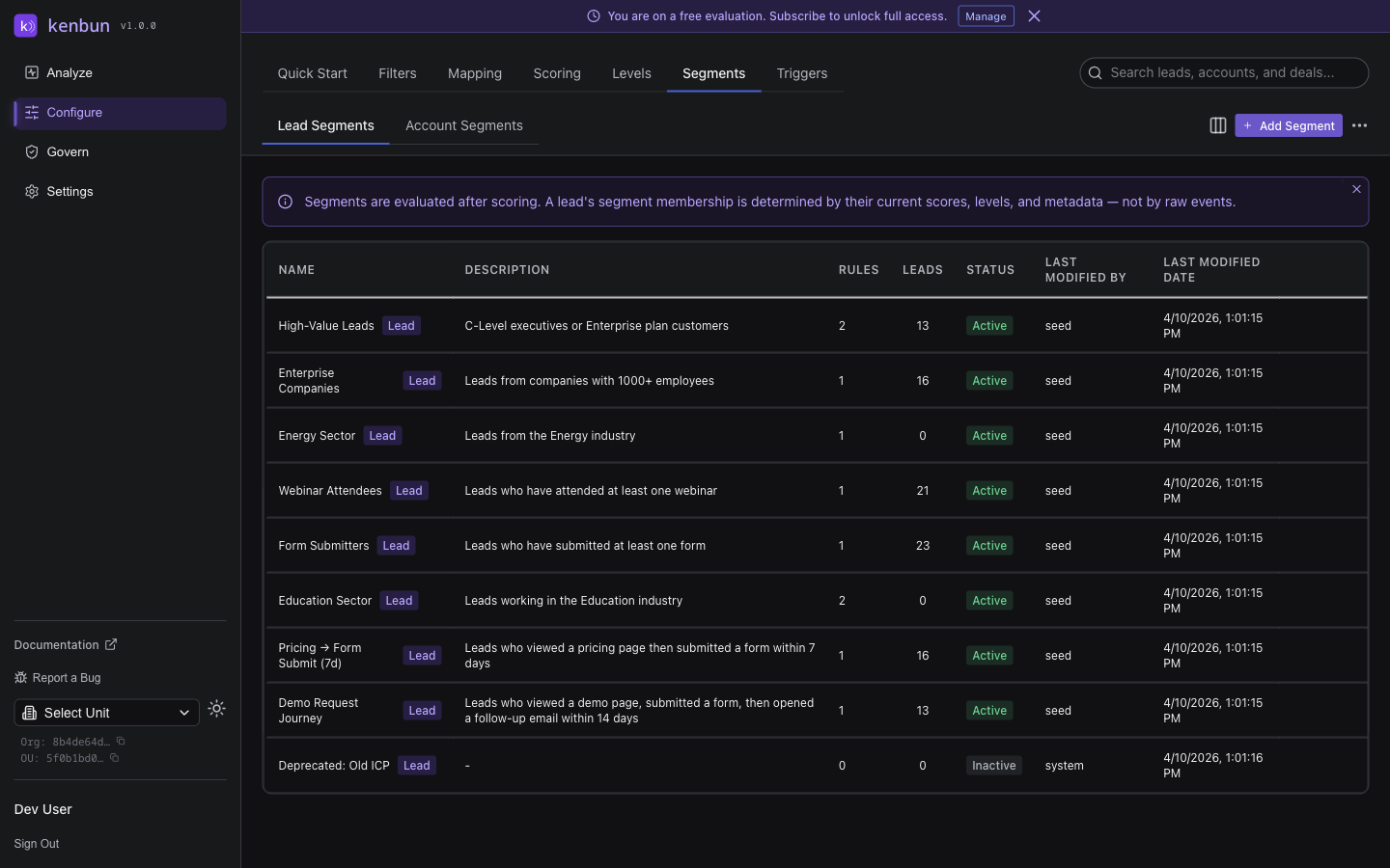 Segments configuration page showing a list of segments with name, description, status, lead count, and action buttons