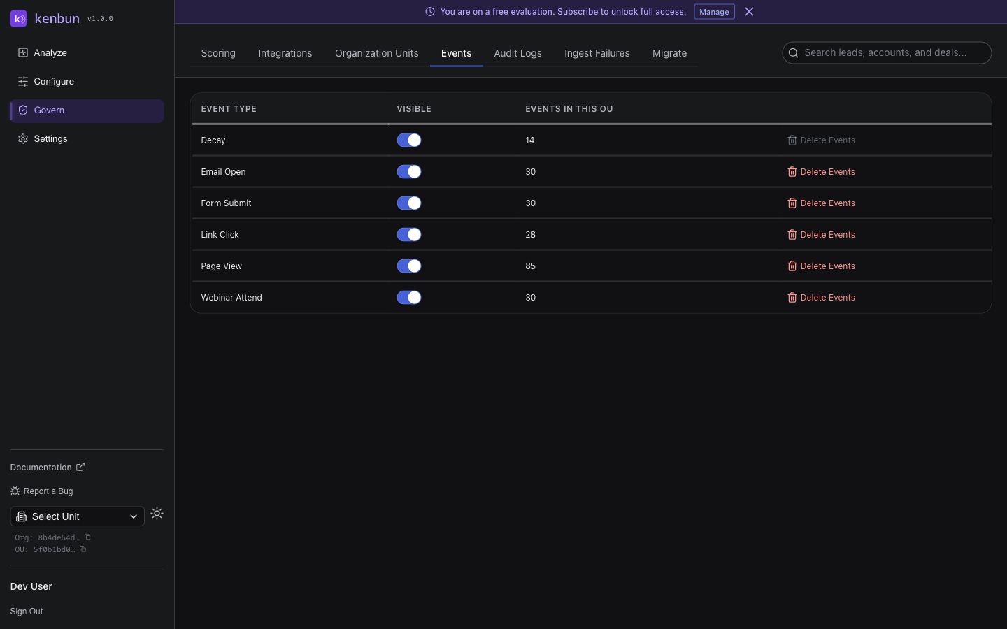 Event types management page