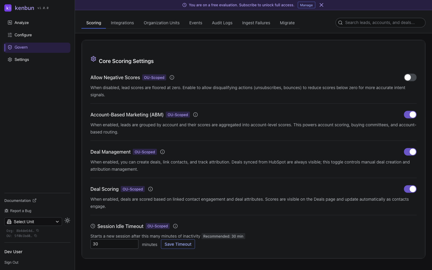 Govern Scoring Settings page showing the Account-Based Marketing toggle enabled under Core Scoring Settings