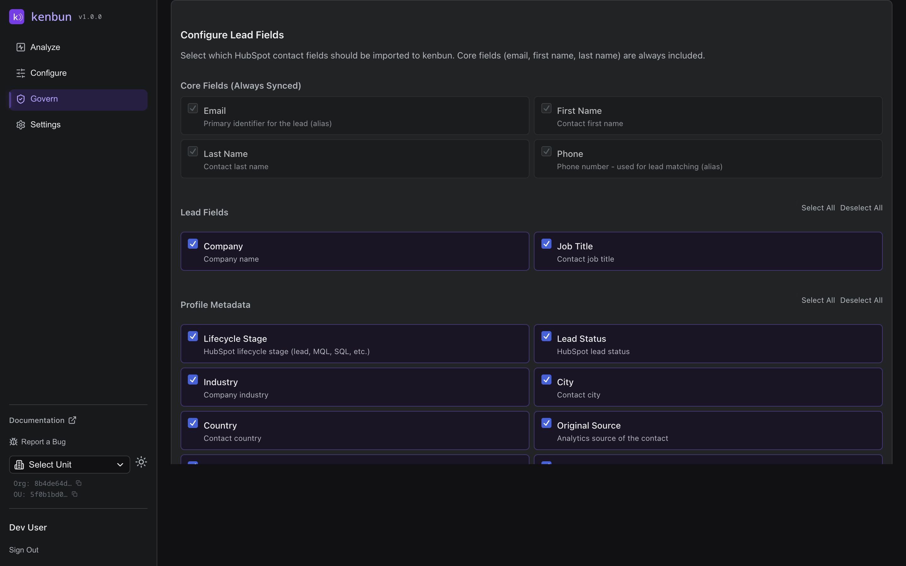 HubSpot Property Selection panel showing the list of HubSpot contact properties and the corresponding kenbun profile fields they map to