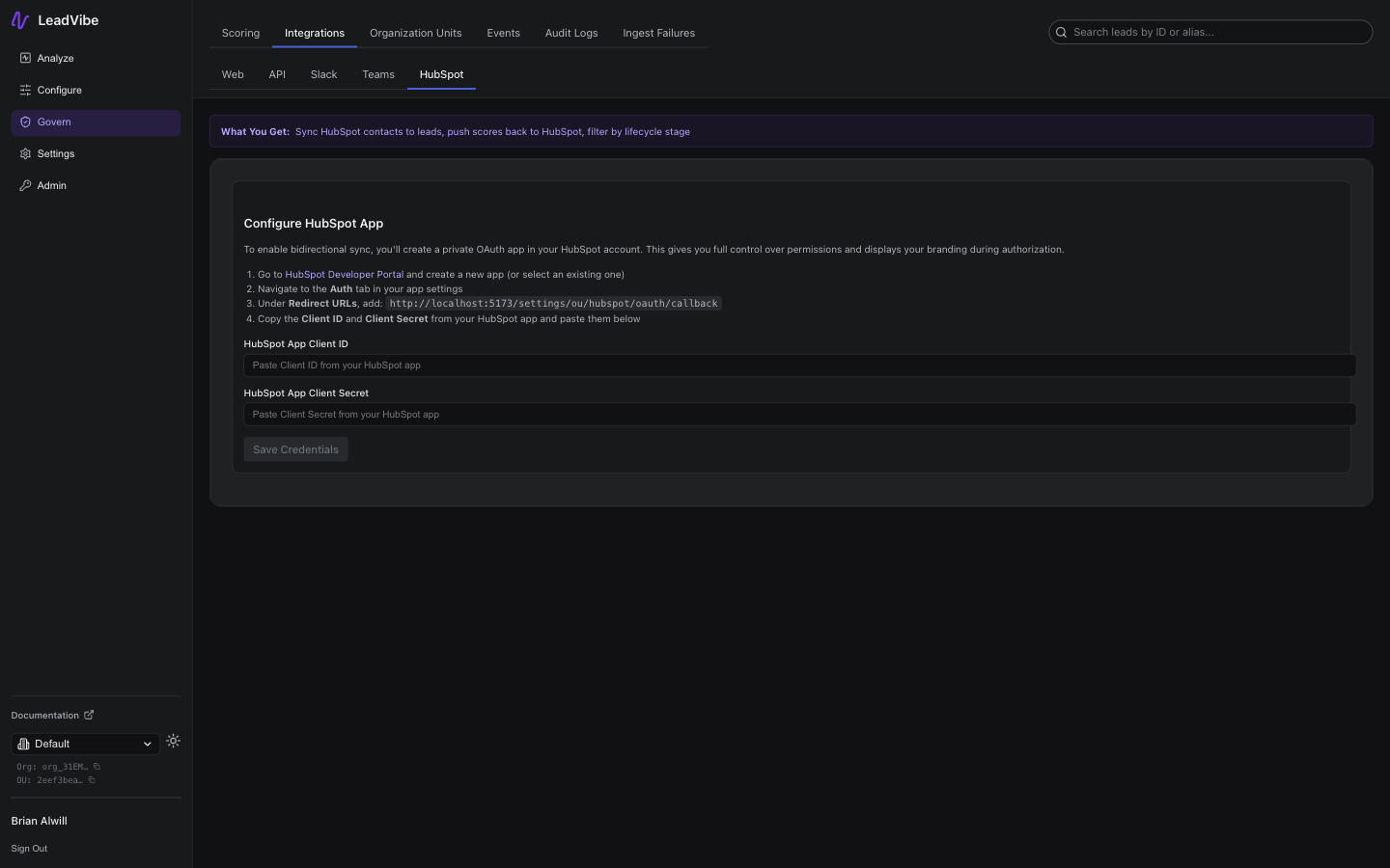 HubSpot integration configuration