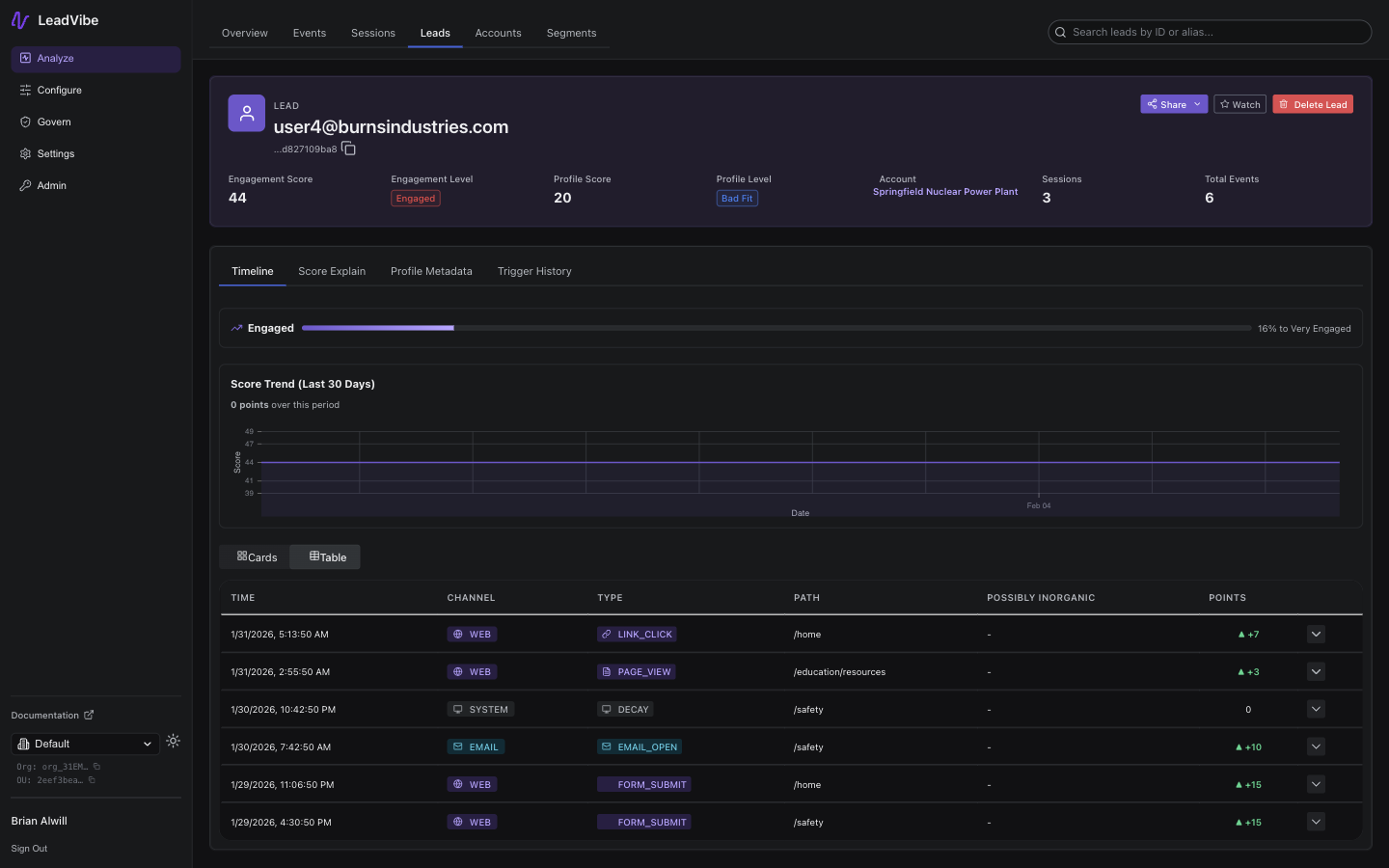 Lead detail page with Share button