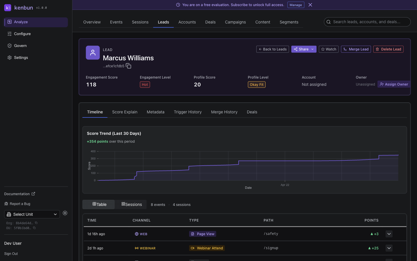 Lead detail page for Marcus Williams showing engagement score of 118, engagement level "Hot", profile score of 20, profile level "Okay Fit", and the Score Trend (Last 30 Days) chart reading "+354 points over this period", followed by an activity timeline table with TIME, CHANNEL, TYPE, PATH, and POINTS columns