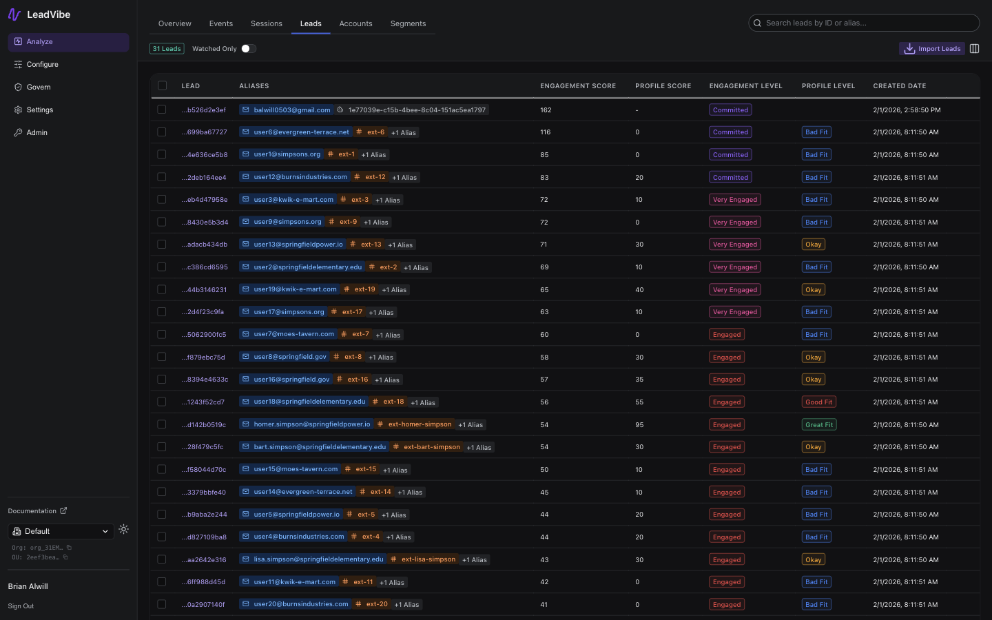 Leads table displaying engagement scores, profile scores, and level badges for each lead, illustrating how scores from the primary ruleset appear in the main table view