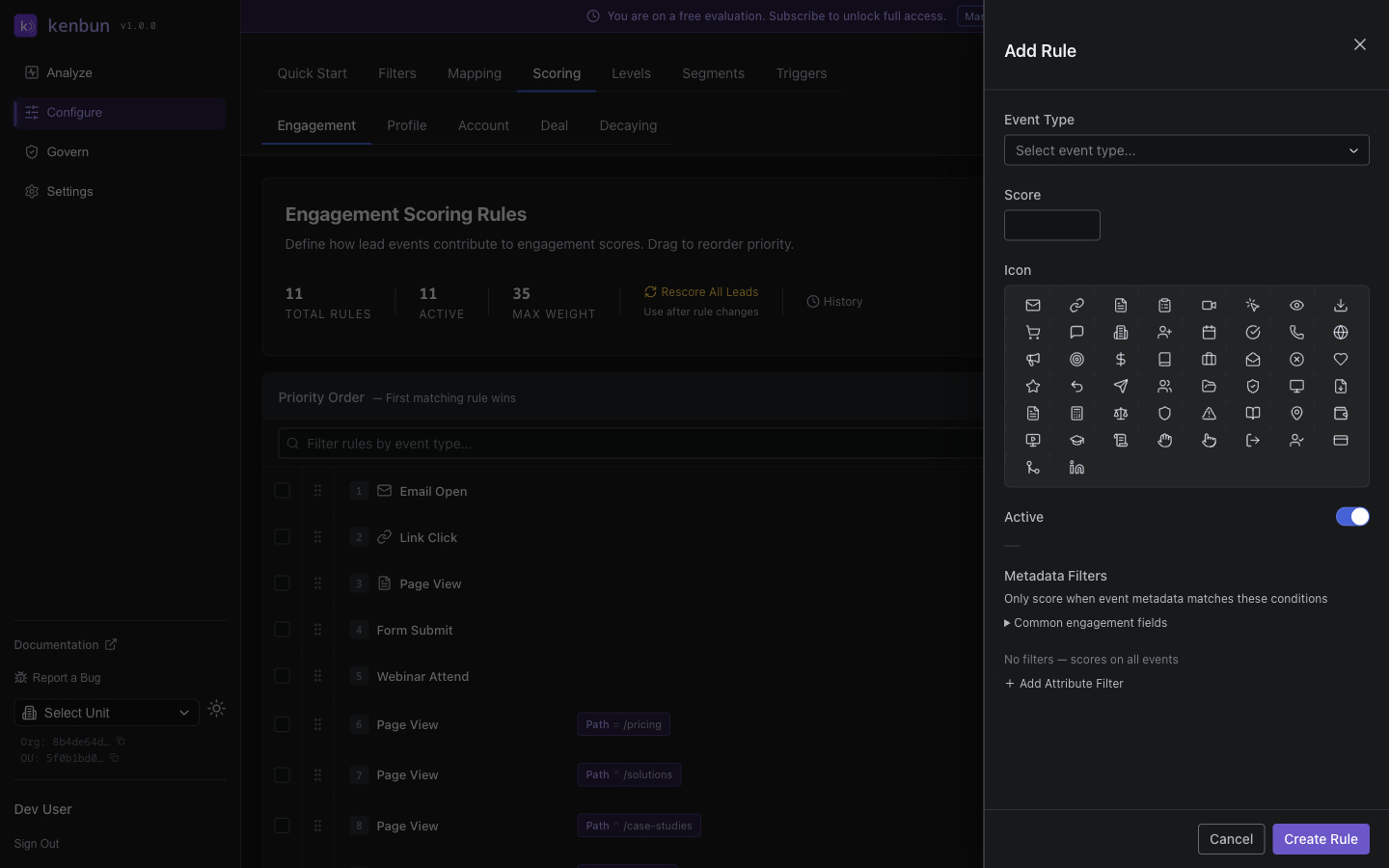 Add Rule slideout panel showing Event Type dropdown, Score input field, icon picker grid, Active toggle, and Metadata Filters section with Cancel and Create Rule buttons