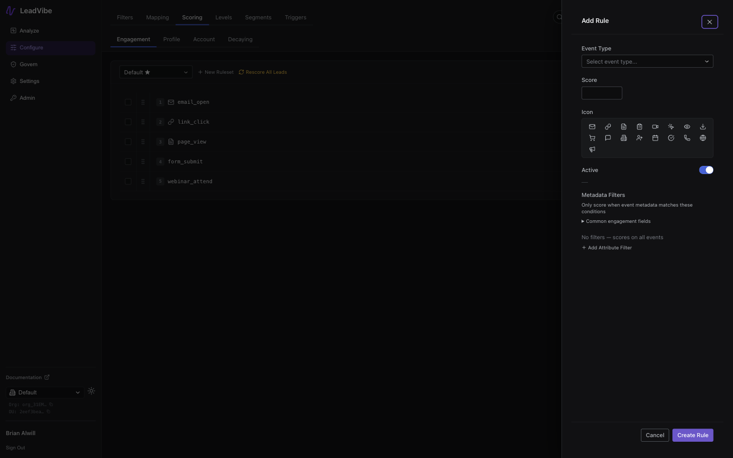 Add Rule slideout panel showing Event Type dropdown, Score input field, icon picker grid, Active toggle, and Metadata Filters section with Cancel and Create Rule buttons