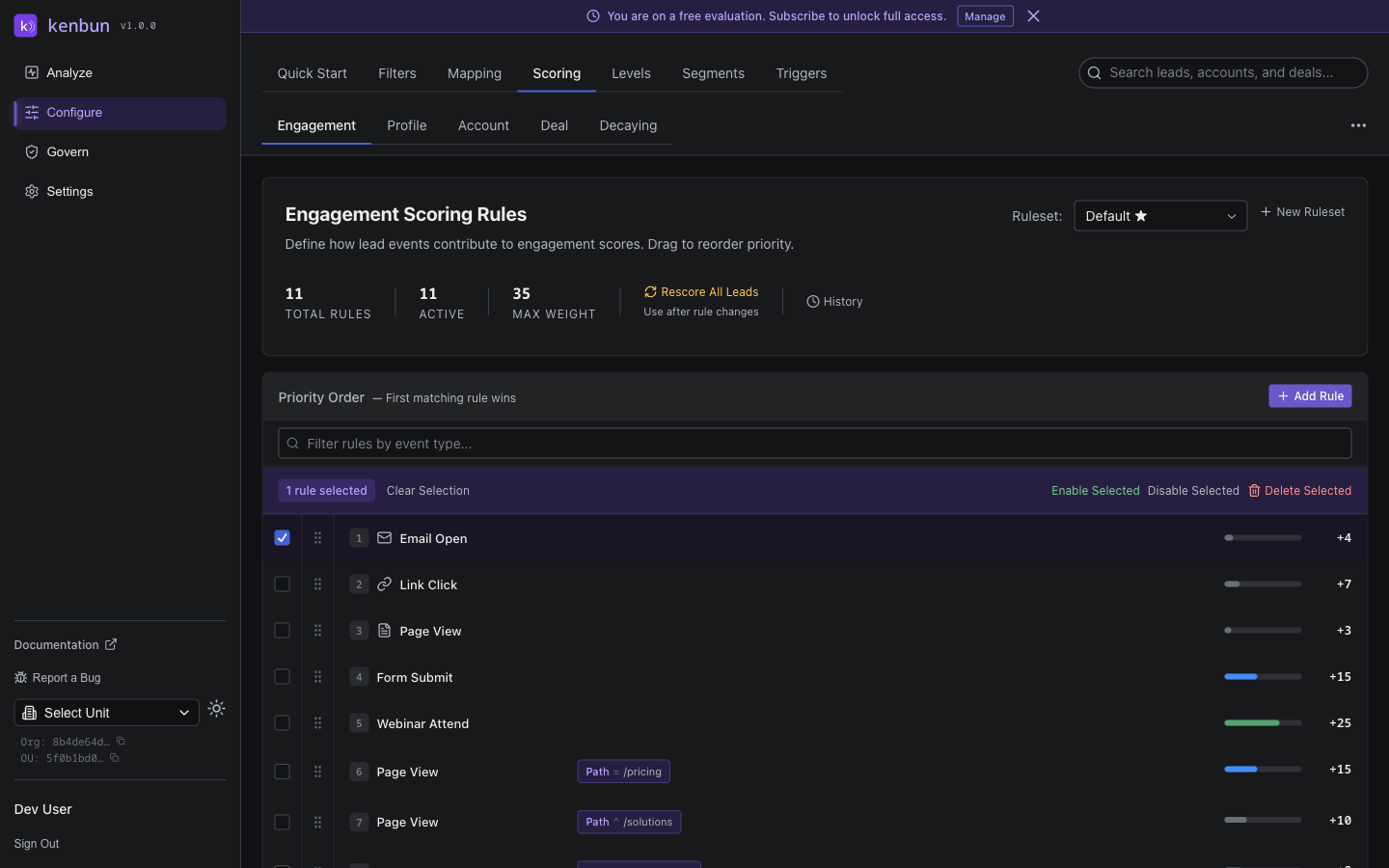 Scoring rules bulk actions