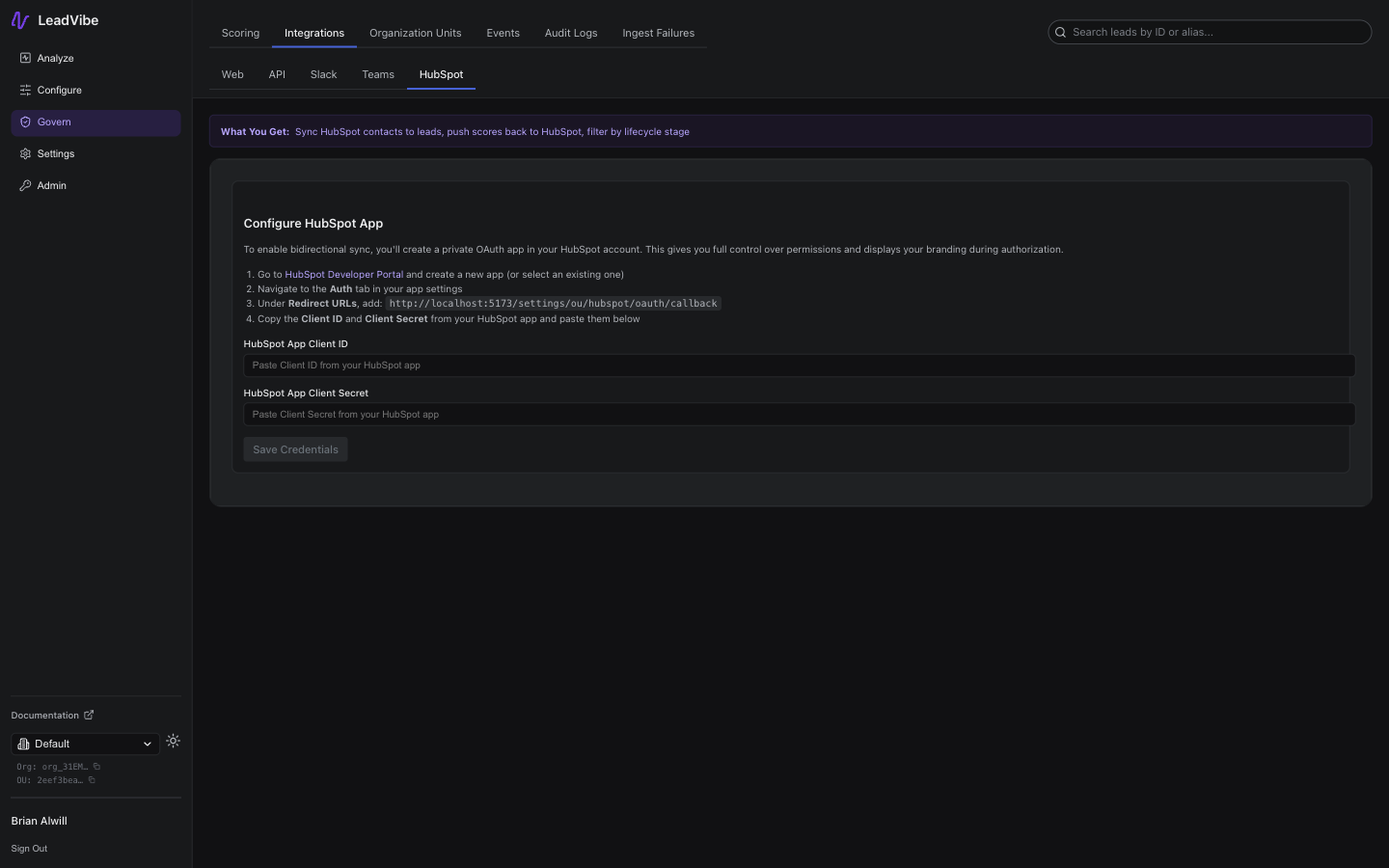 Govern Integrations HubSpot page showing the Configure HubSpot App instructions, Client ID and Client Secret input fields, and Save Credentials button
