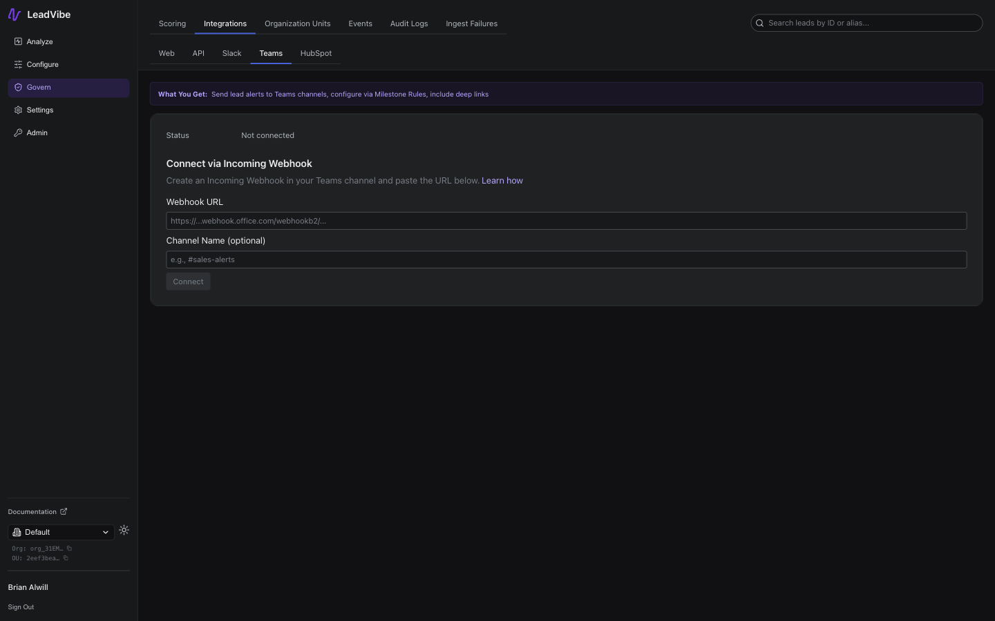 Govern Integrations Teams page showing connection status, Webhook URL input field, optional Channel Name field, and Connect button