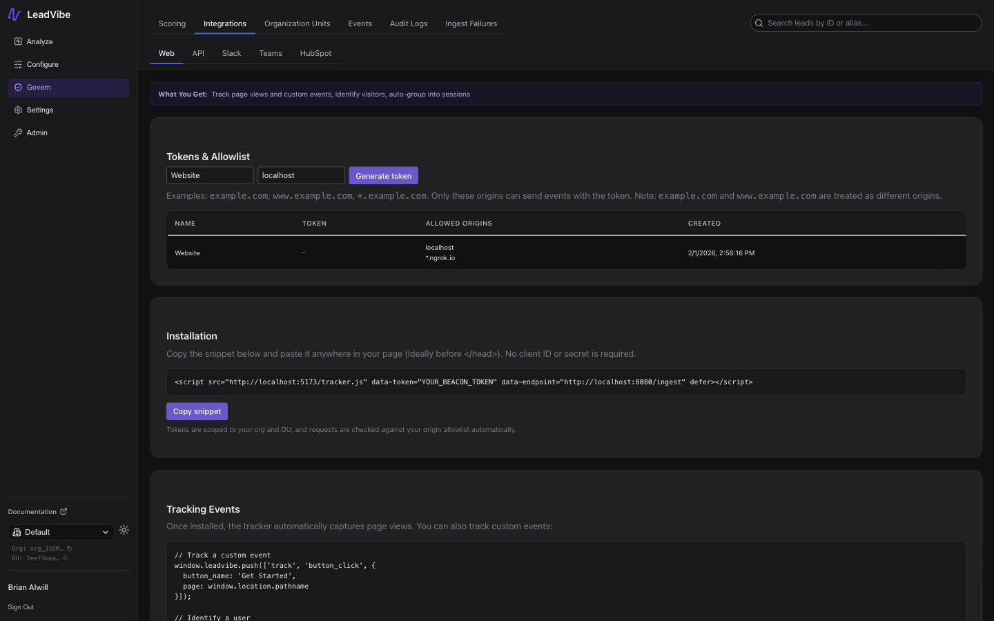Web beacon settings page showing the Tokens and Allowlist section with a token creation form, existing tokens table, the Installation snippet section with embed code, and Tracking Events code examples