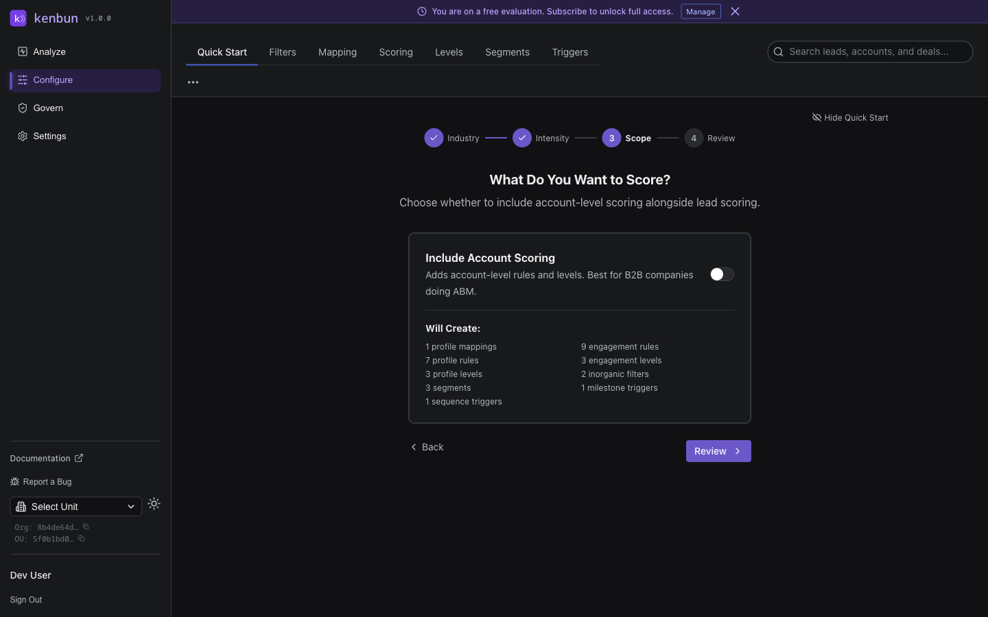 Quick Start Step 3 — Scope selection with account scoring toggle