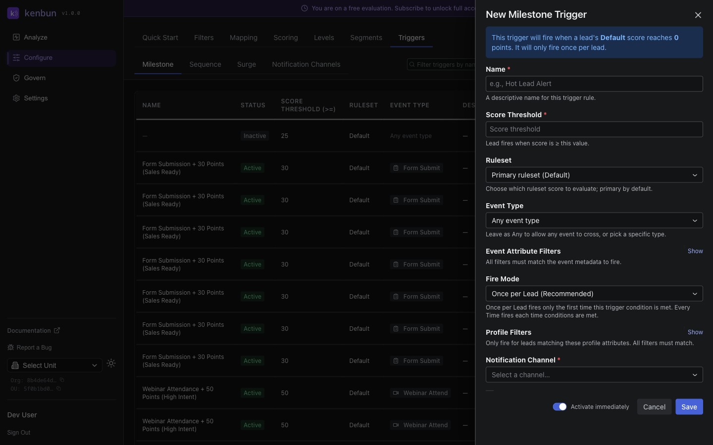 New Milestone Trigger creation form showing fields for Name, Score Threshold, Ruleset, Event Type, Event Attribute Filters, Fire Mode set to Once per Lead, Profile Filters, Destination Type set to Webhook, and Webhook URL, with Cancel and Save buttons