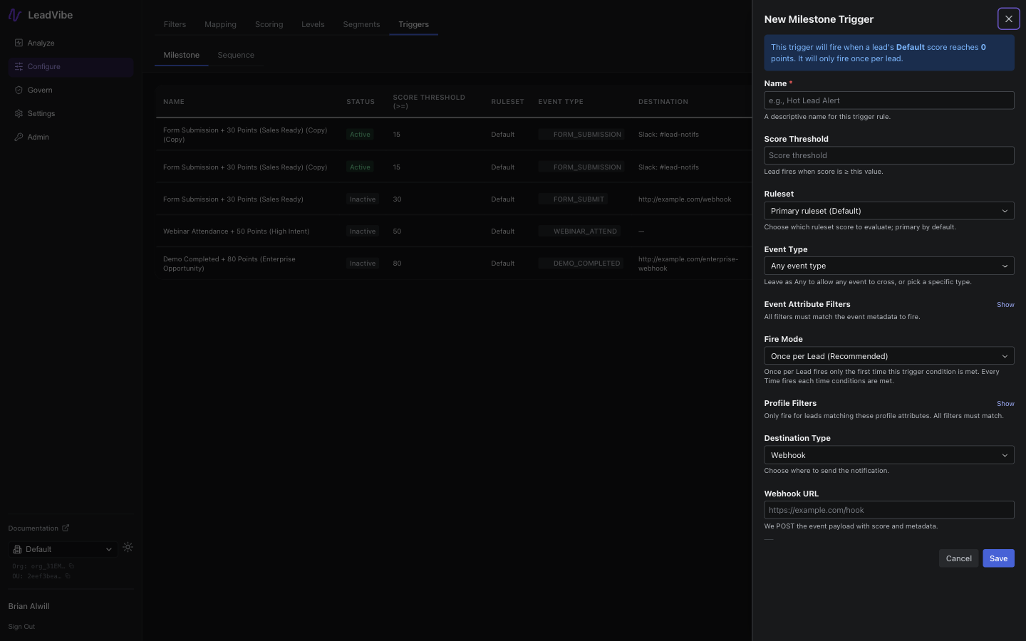 Trigger creation form with notification configuration
